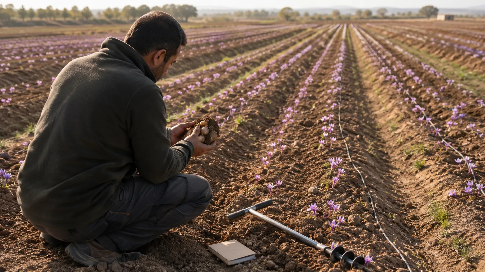 Farmer inspecting saffron corms in a planned field