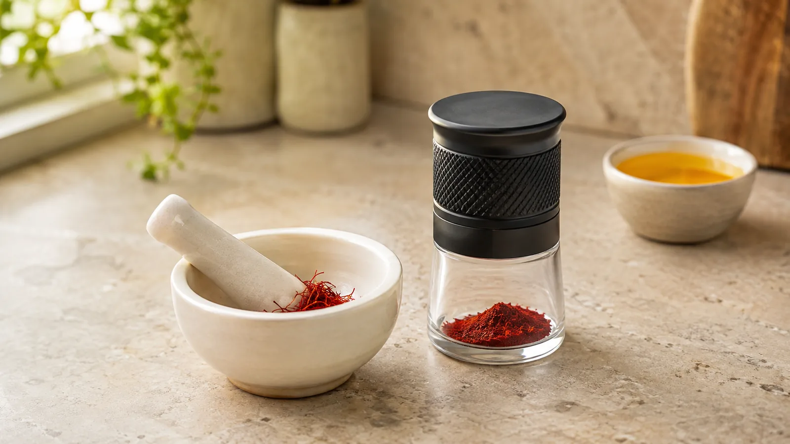 Small saffron grinder beside a mortar and pestle