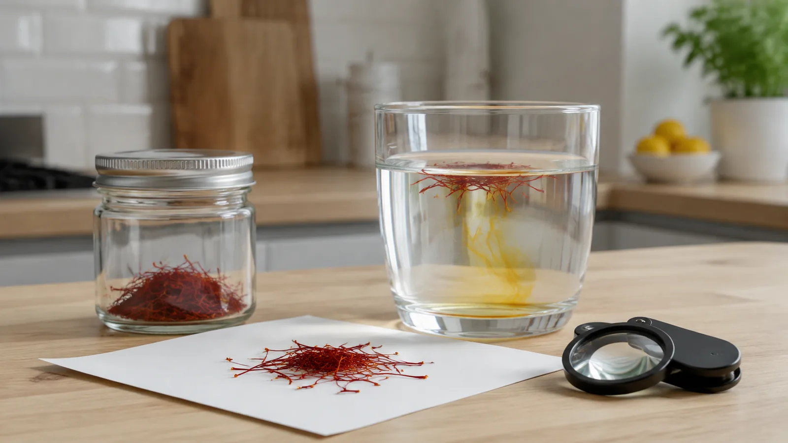 Saffron threads, cold-water test, sealed jar, and magnifier