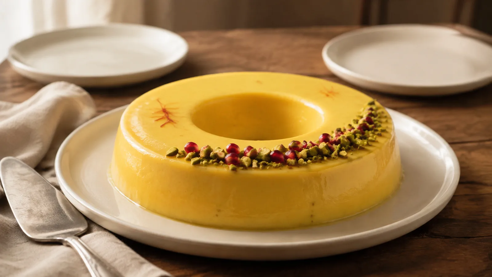 Large saffron panna cotta with pistachios and pomegranate