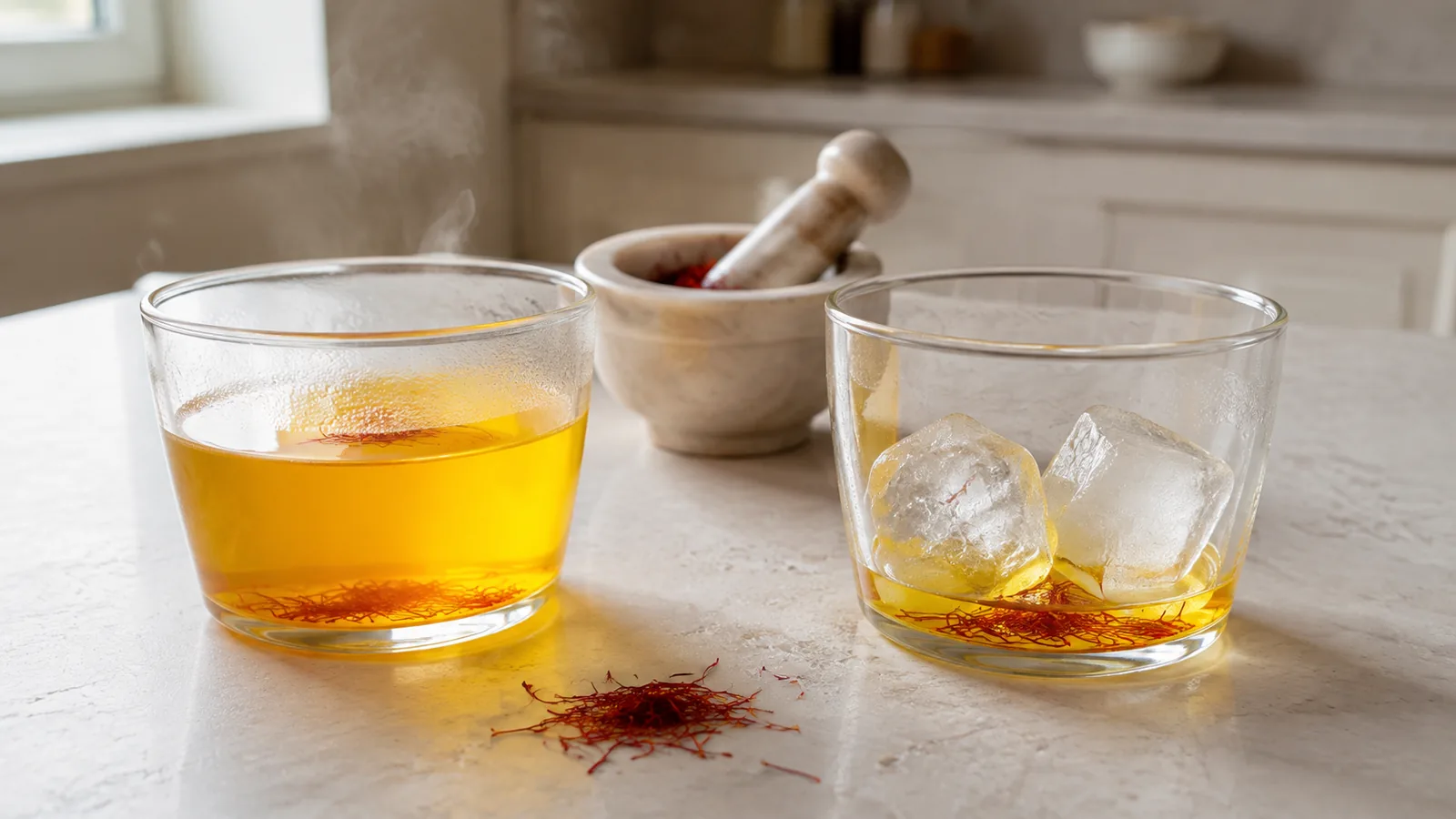Hot-water saffron infusion beside saffron melting over ice