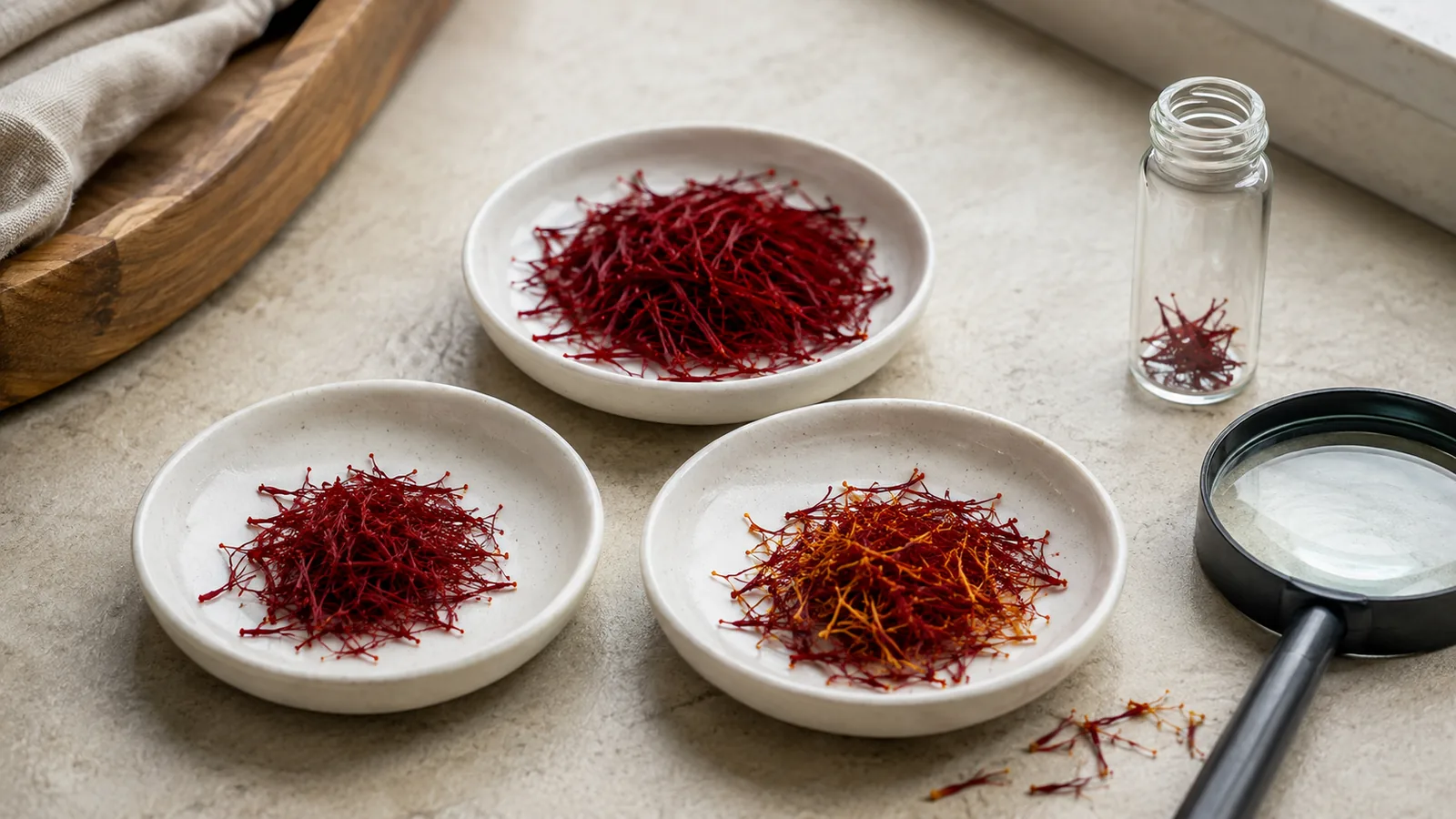 Three saffron thread samples arranged for quality inspection