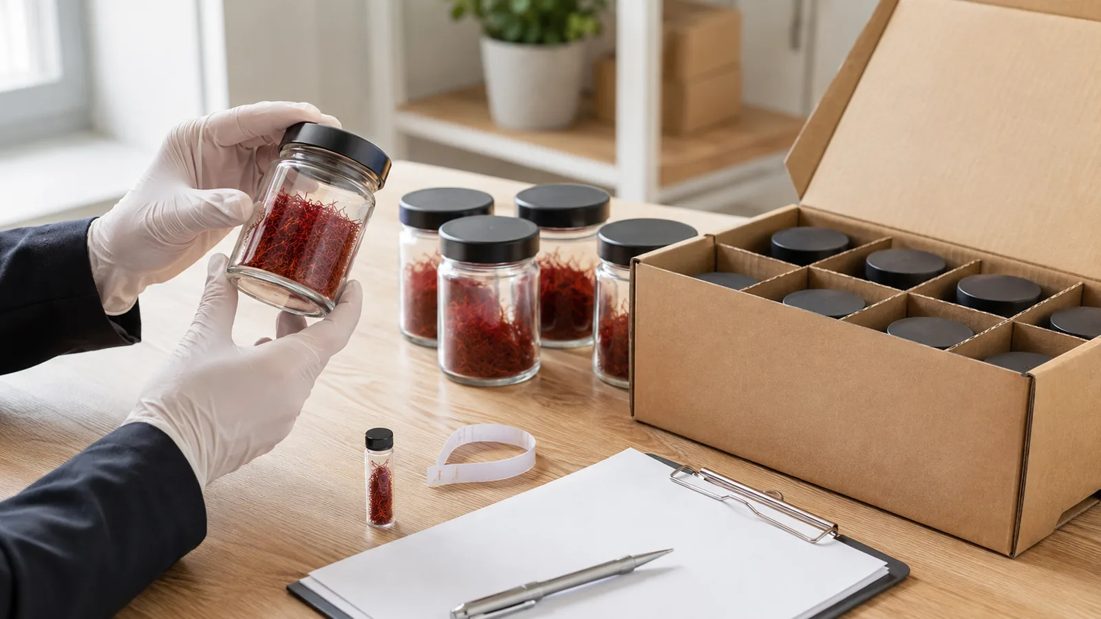 Sealed saffron jars checked before export packing