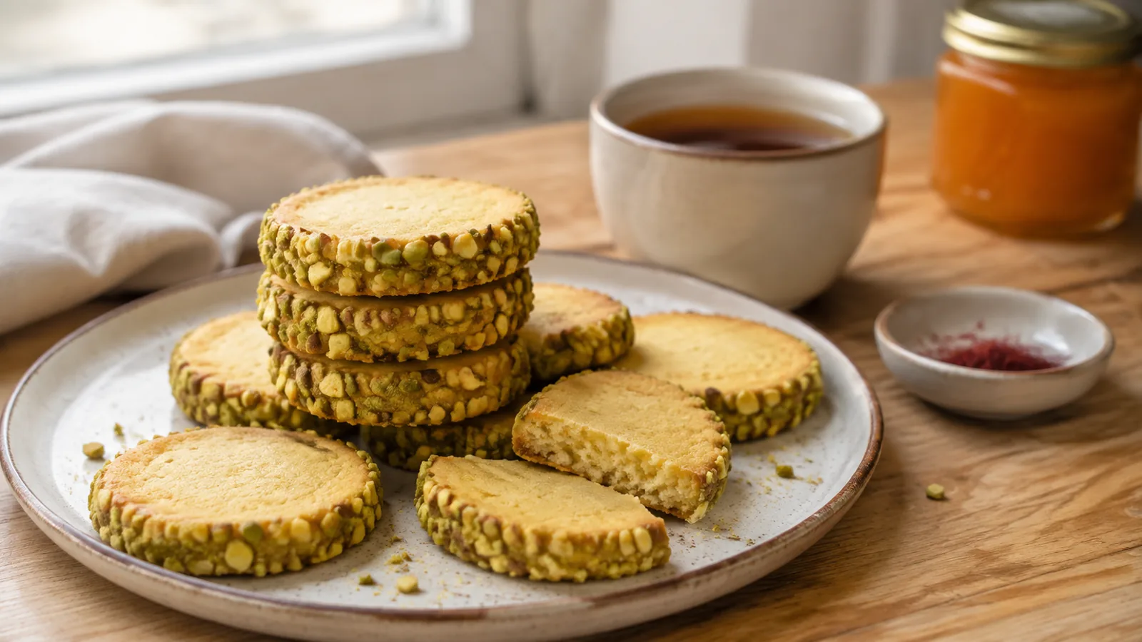 Golden saffron butter cookies with pistachio edges