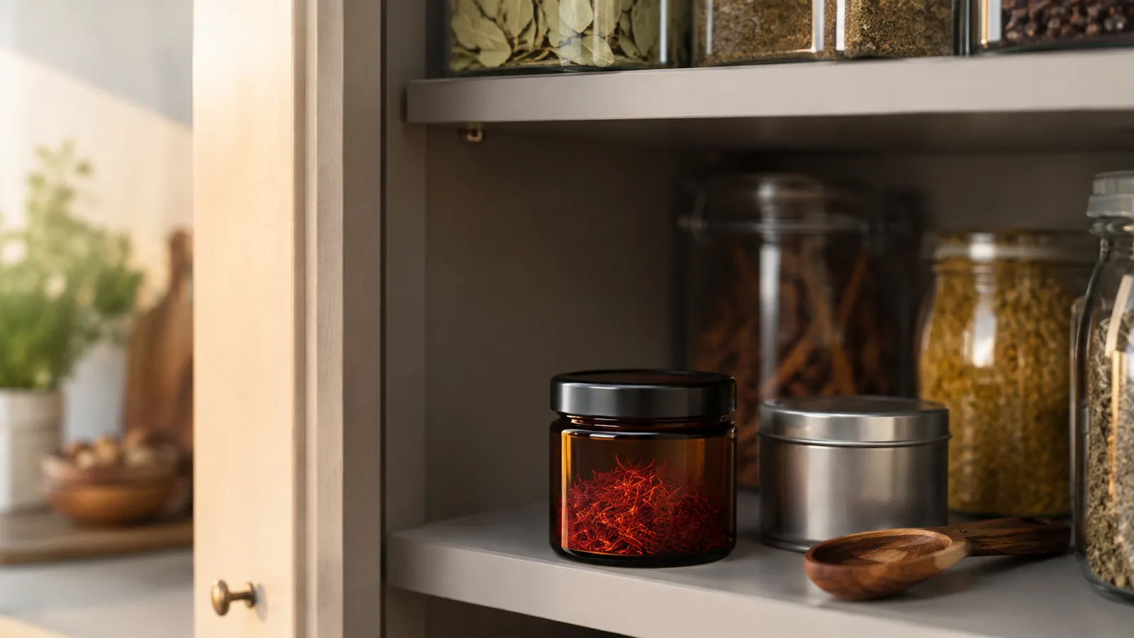 Airtight amber jar of saffron stored in a shaded cupboard