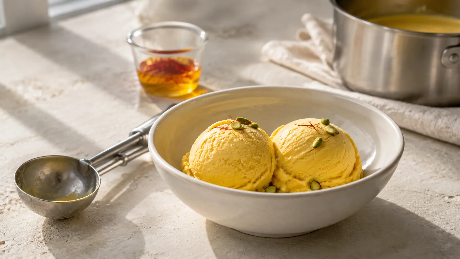 Two scoops of homemade saffron custard ice cream with pistachios