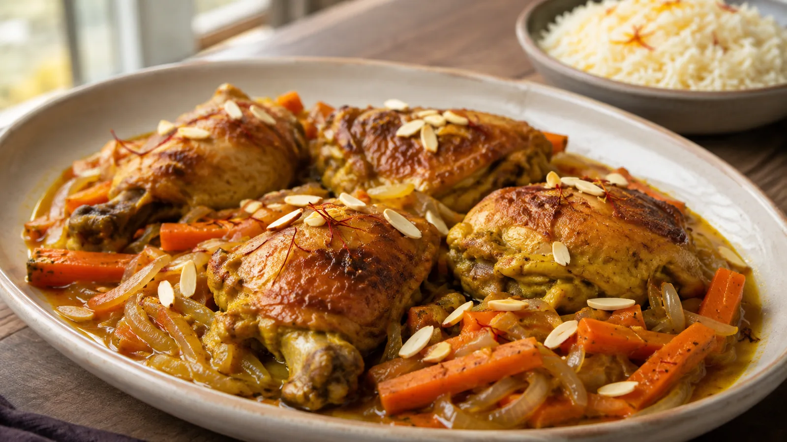 Braised saffron chicken with carrots, onions and slivered almonds