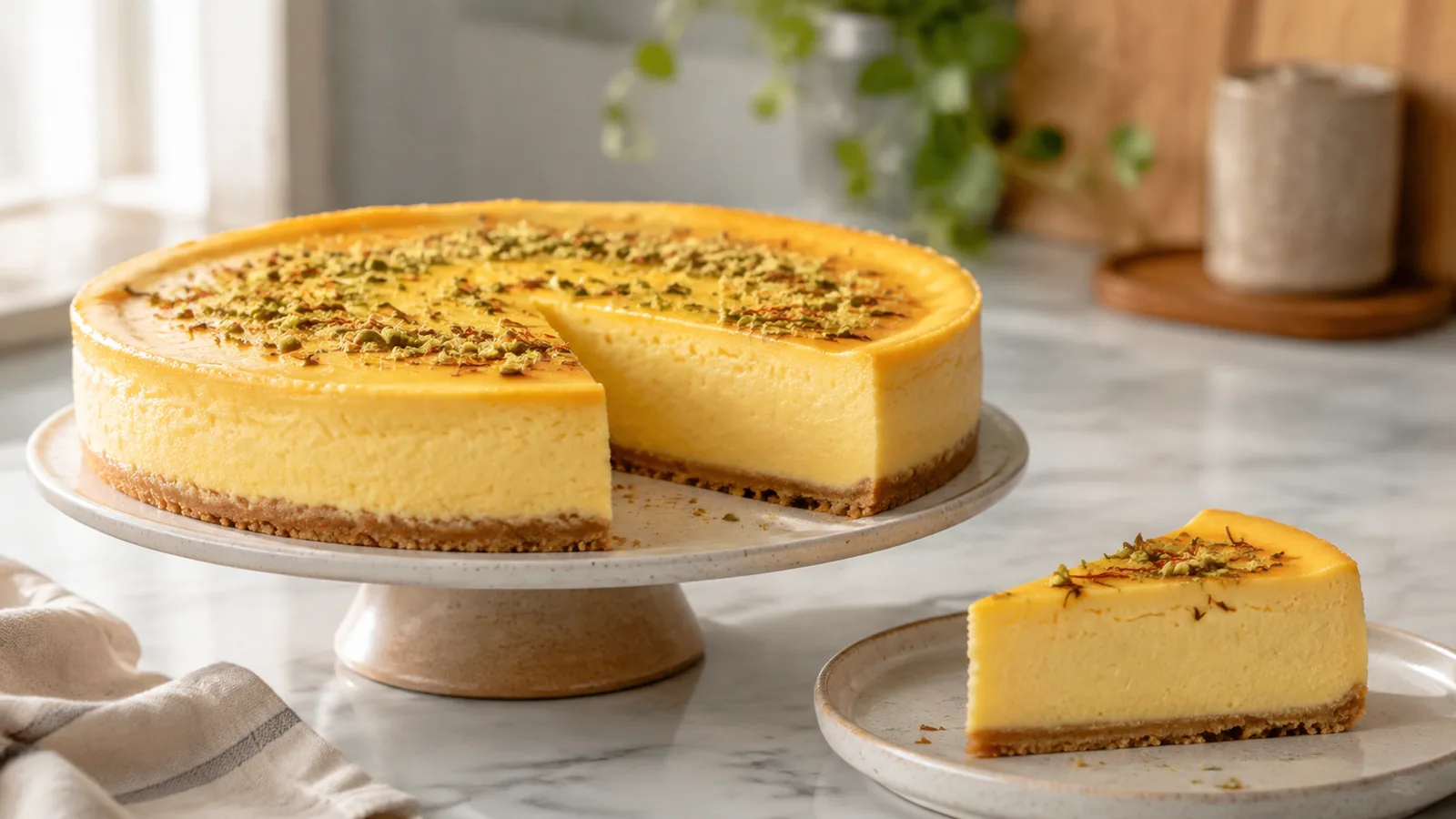 Golden saffron cheesecake with biscuit crust and pistachio garnish