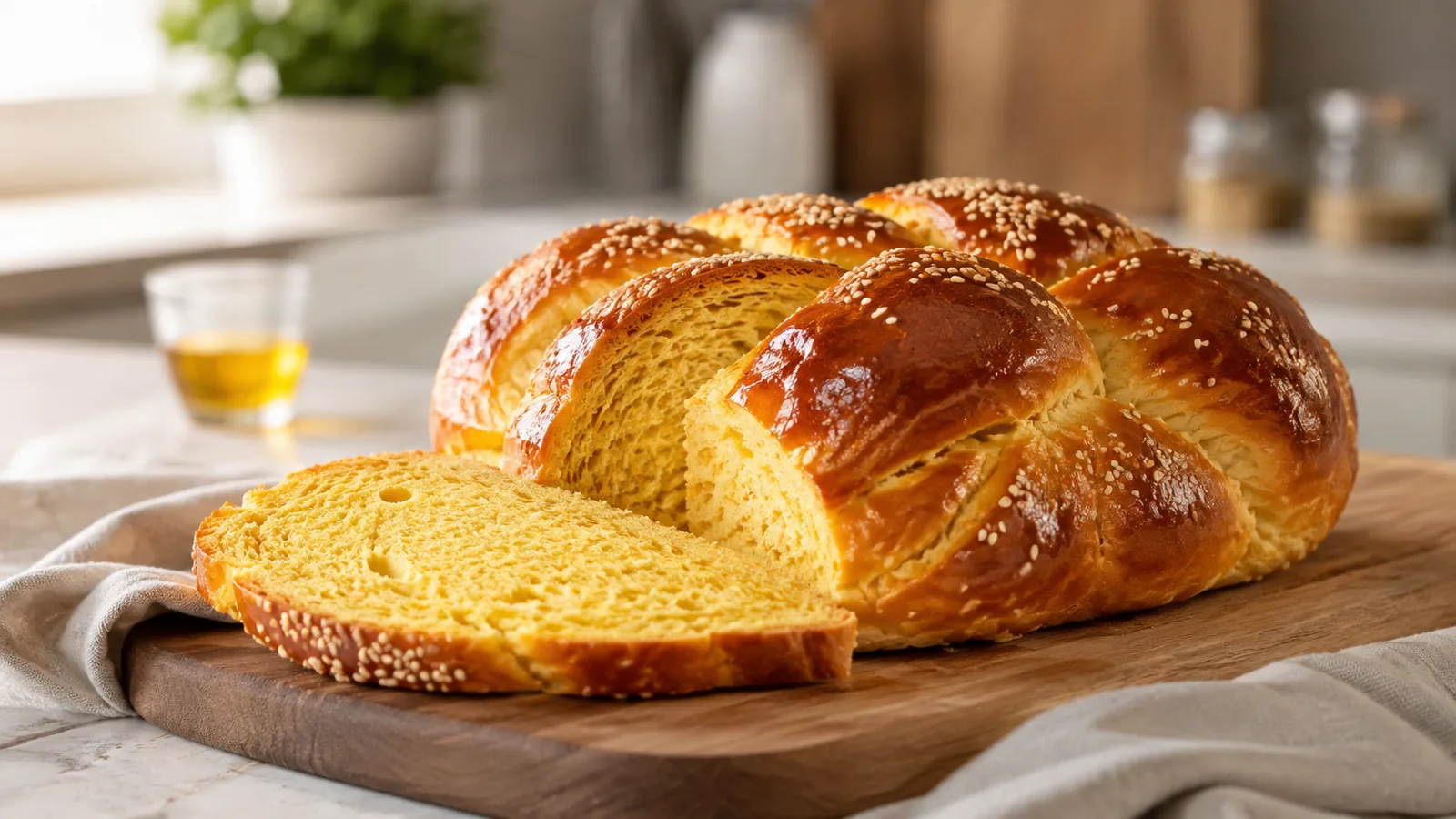 Braided golden saffron bread loaf with a soft sliced crumb