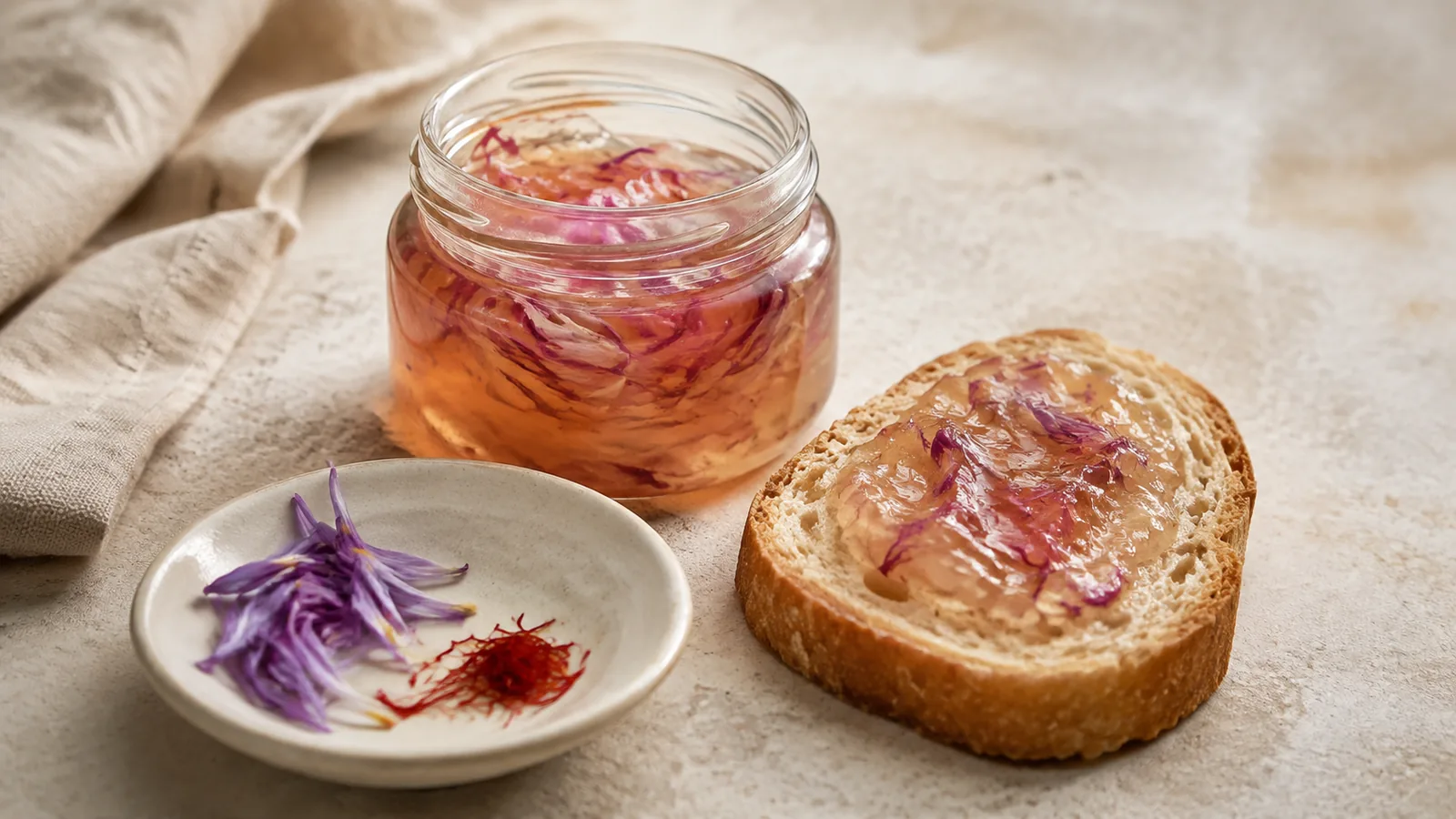 Saffron petal jam with purple Crocus sativus petals and red threads