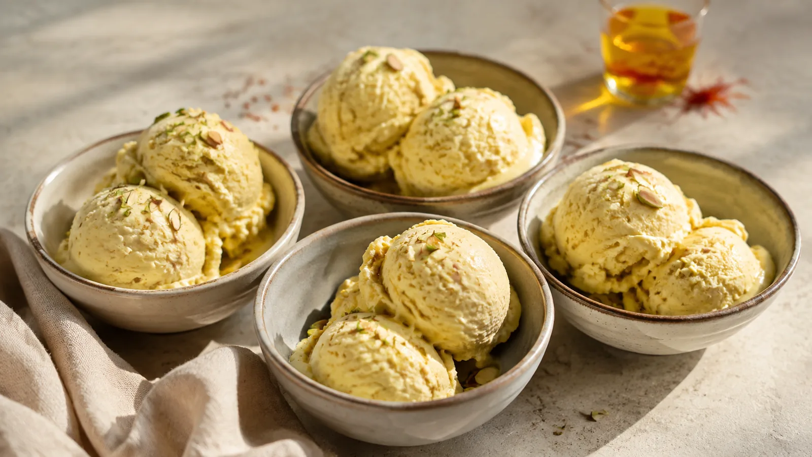 Four bowls of homemade saffron ice cream with cream flakes and pistachios
