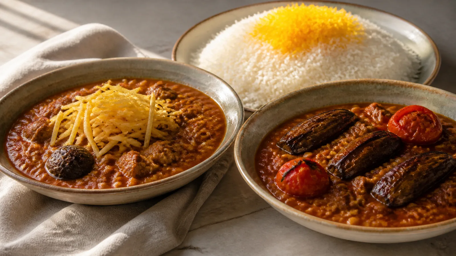 Saffron khoresh gheyme with potato and eggplant versions beside Persian rice