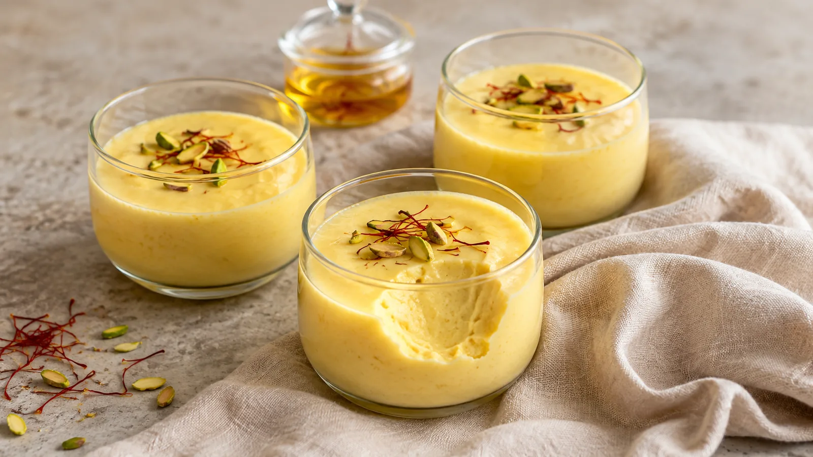Three glasses of creamy saffron Danette dessert with pistachios