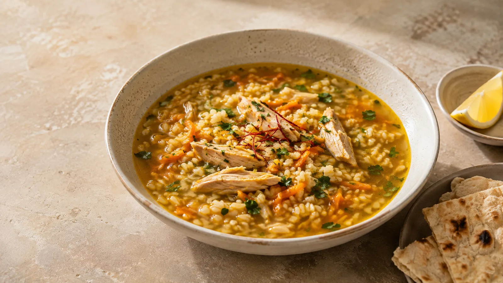 Bowl of saffron barley soup with chicken, carrots and parsley