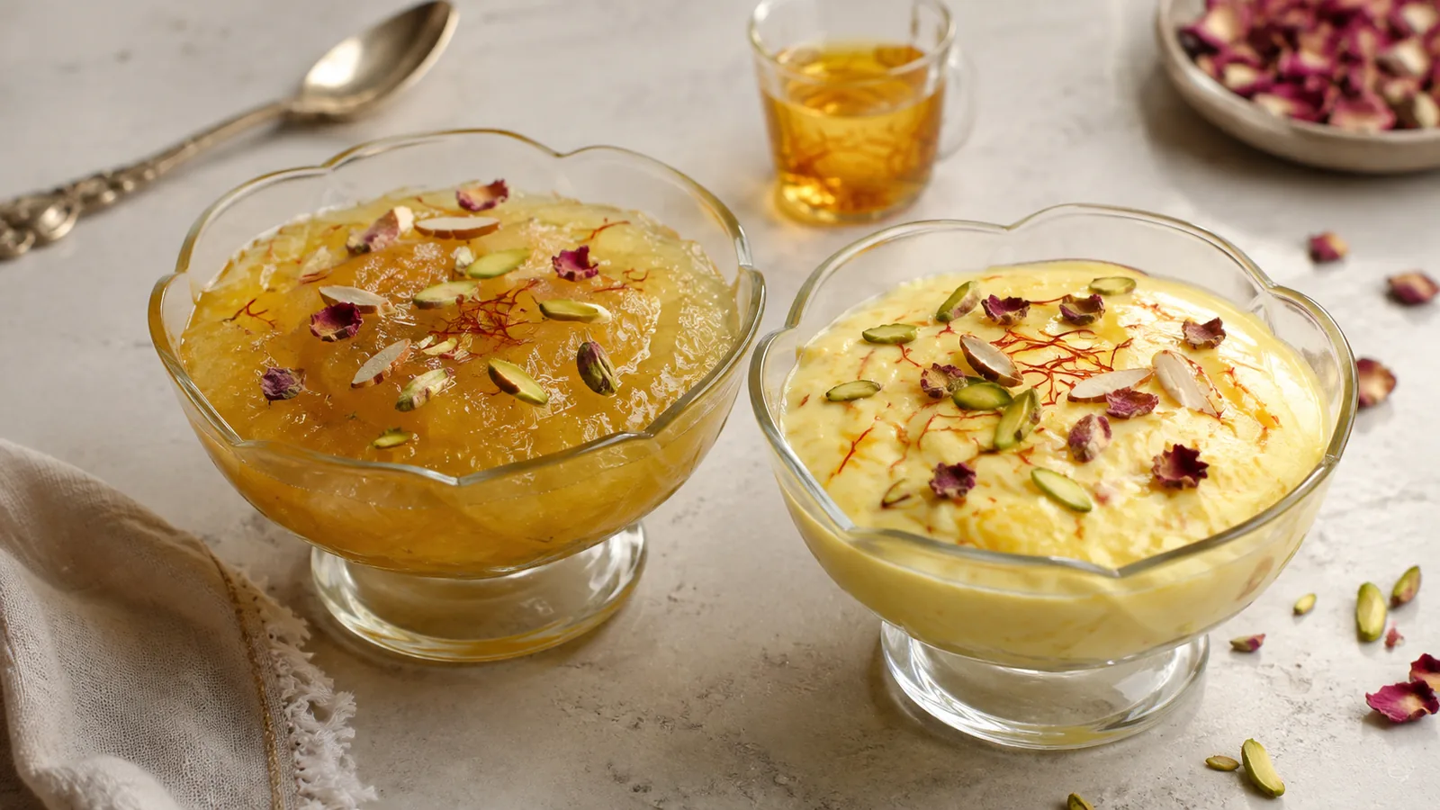 Water-based and milk saffron Moghat desserts with nuts and rose petals