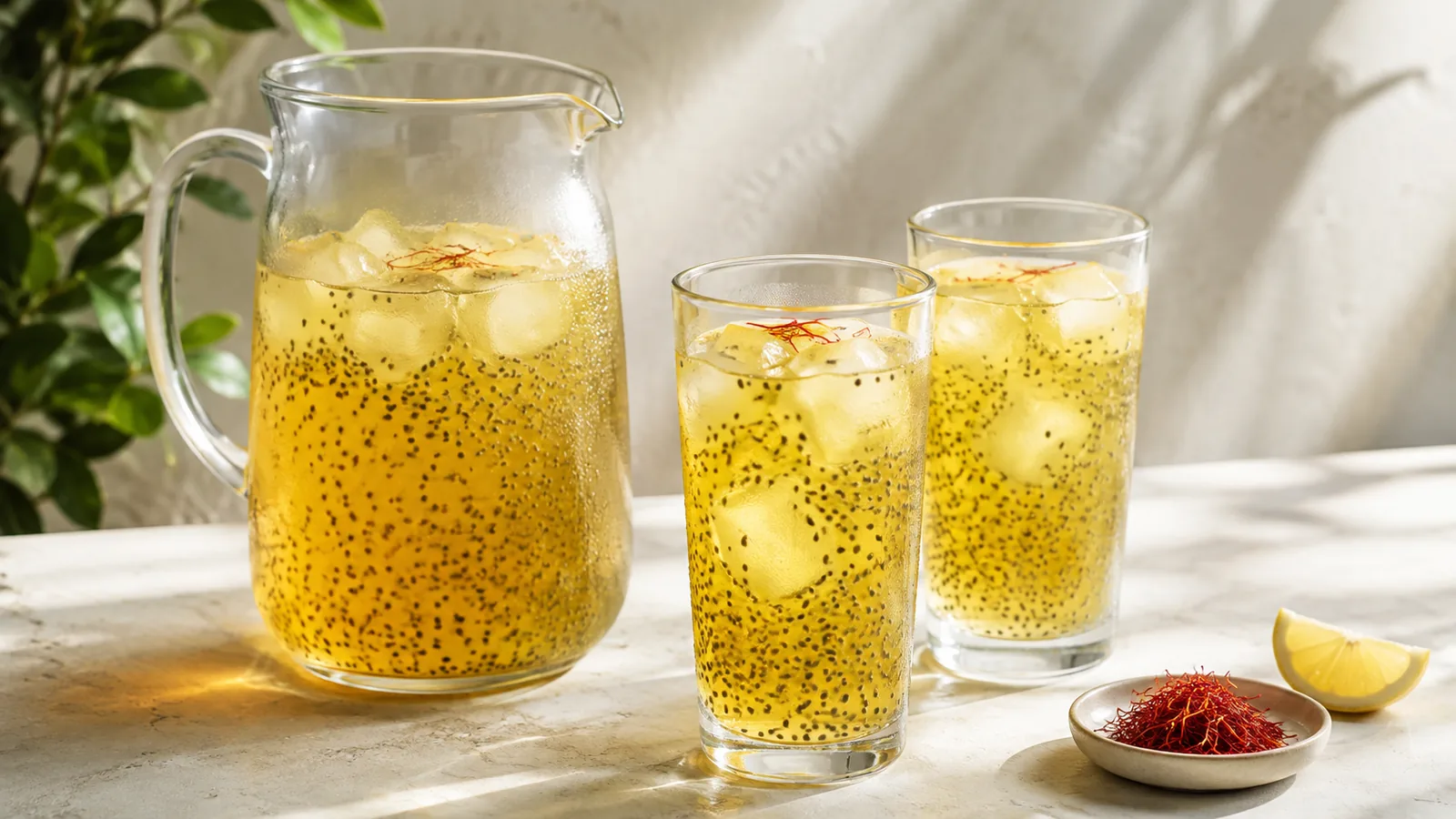 Cold chia seed syrup with saffron in a pitcher and glasses