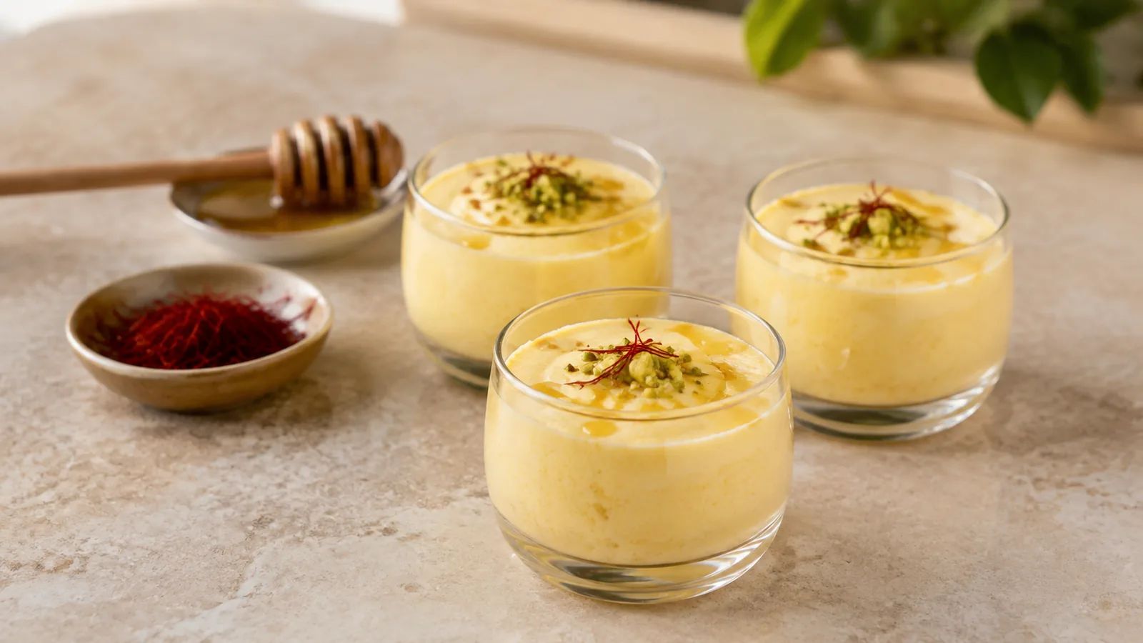 Three glasses of honey and saffron mousse with pistachios