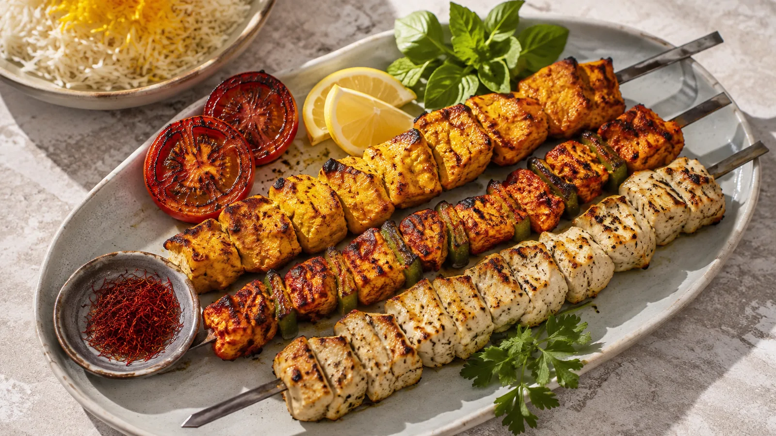 Three skewers of classic, spicy and lighter saffron chicken kebab