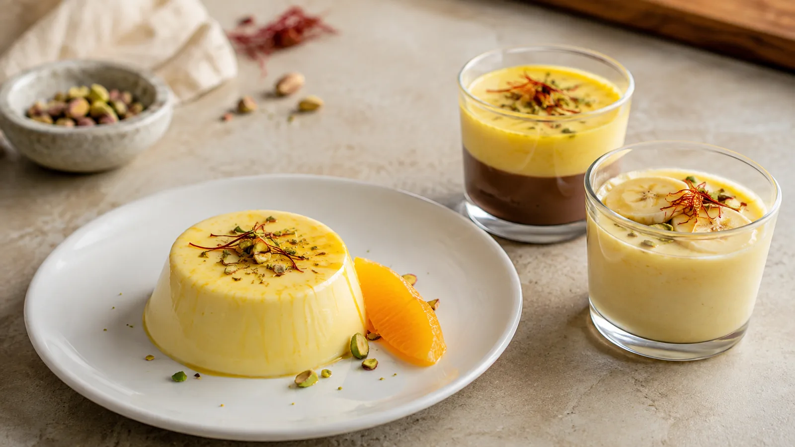 Saffron panna cotta with chocolate and banana variations