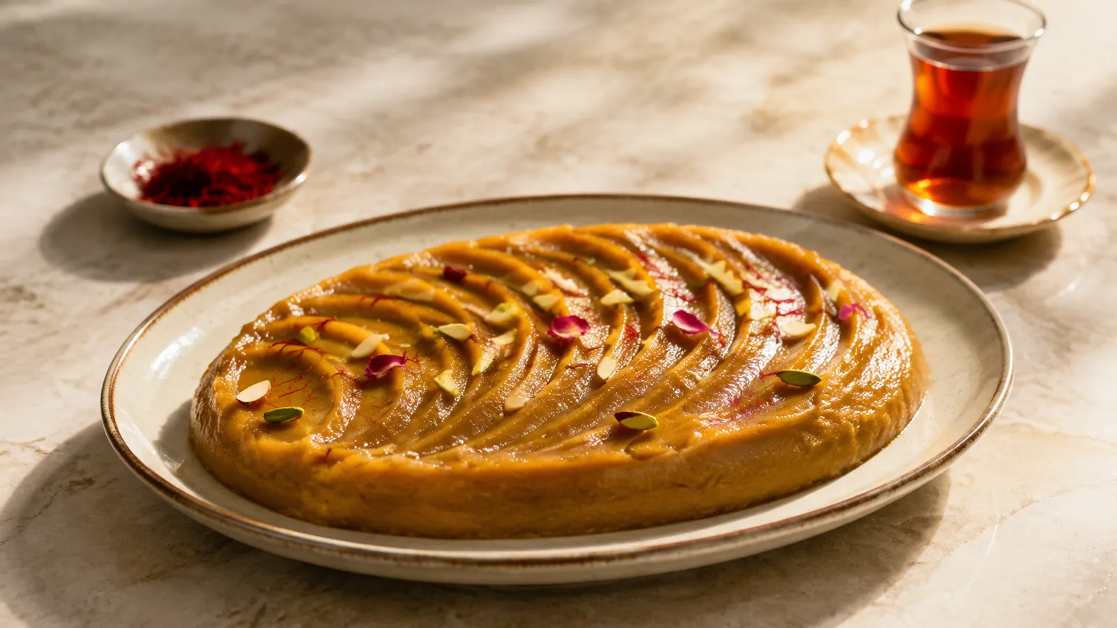 Traditional Persian saffron halva with pistachios and rose petals