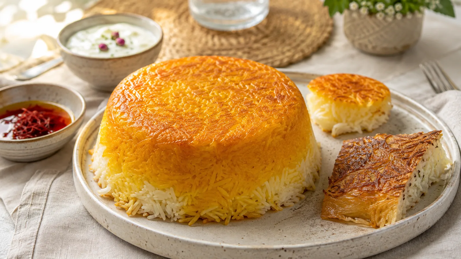 Golden saffron tahdig with egg-free and lavash crust pieces