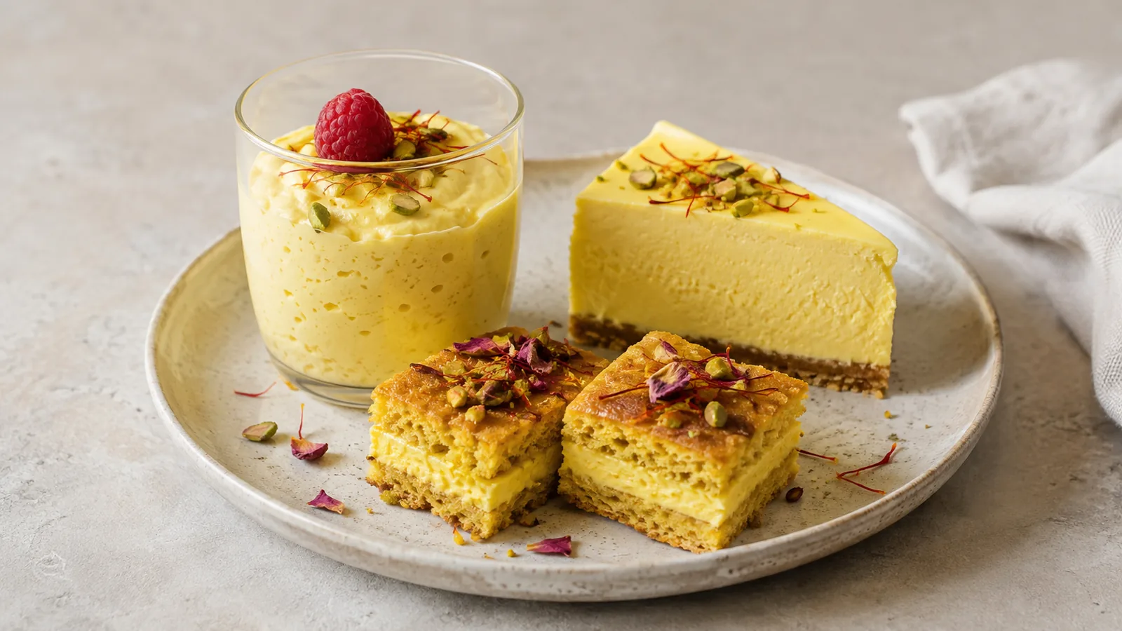 Saffron mousse, cheesecake and saffron cake bars