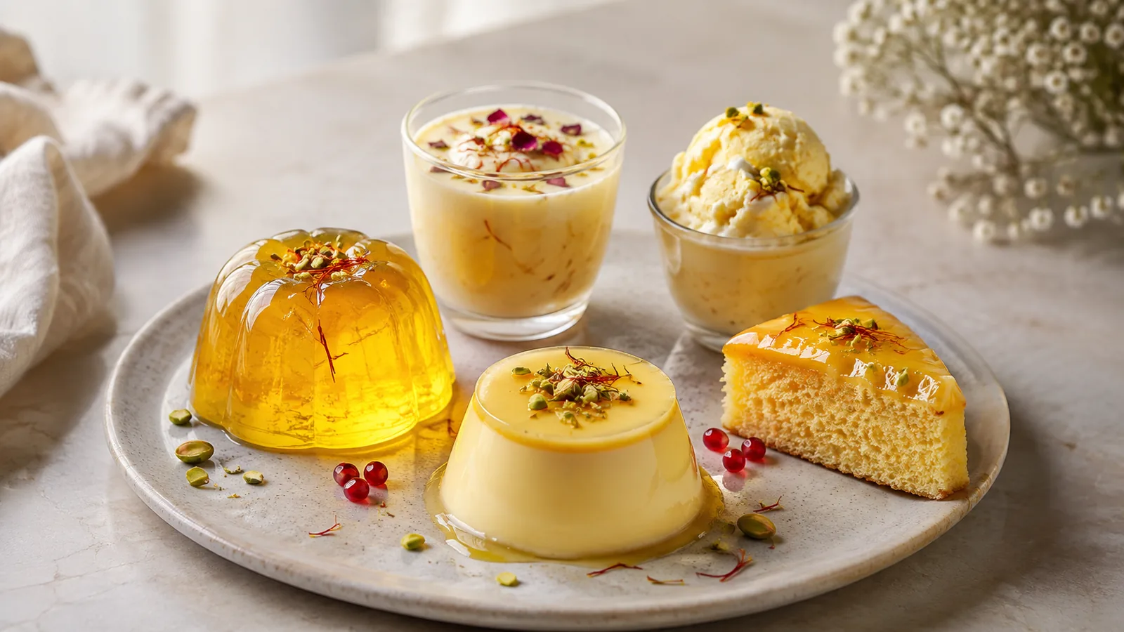Clear and creamy saffron jellies with panna cotta and cake glaze