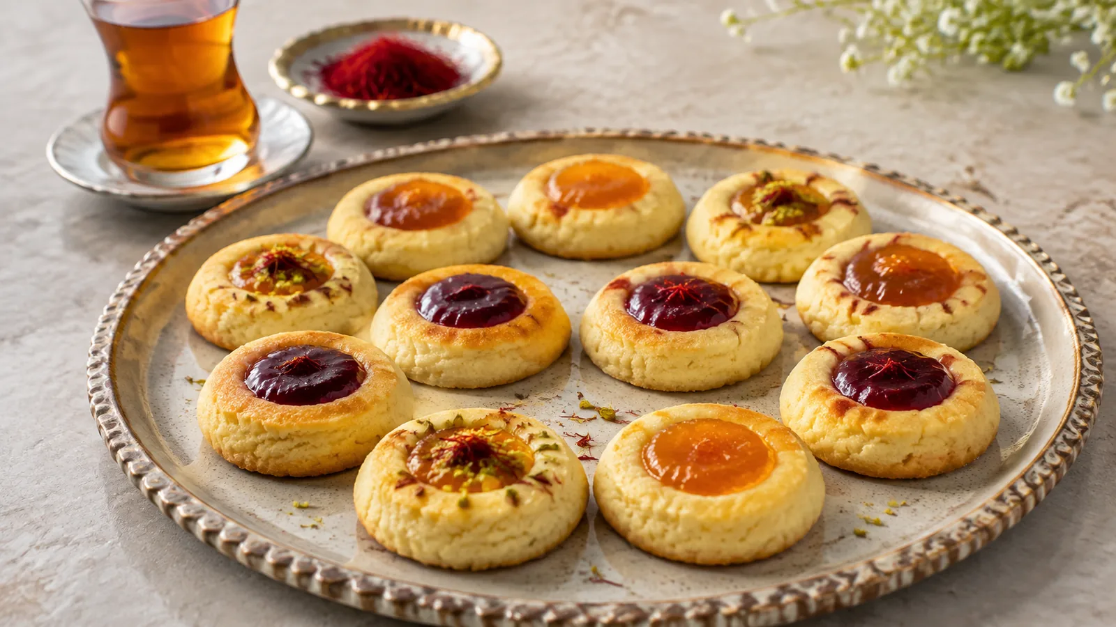 Saffron thumbprint cookies with apricot and raspberry marmalade