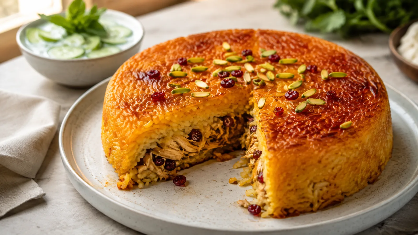 Golden saffron chicken tahchin with barberries and pistachios