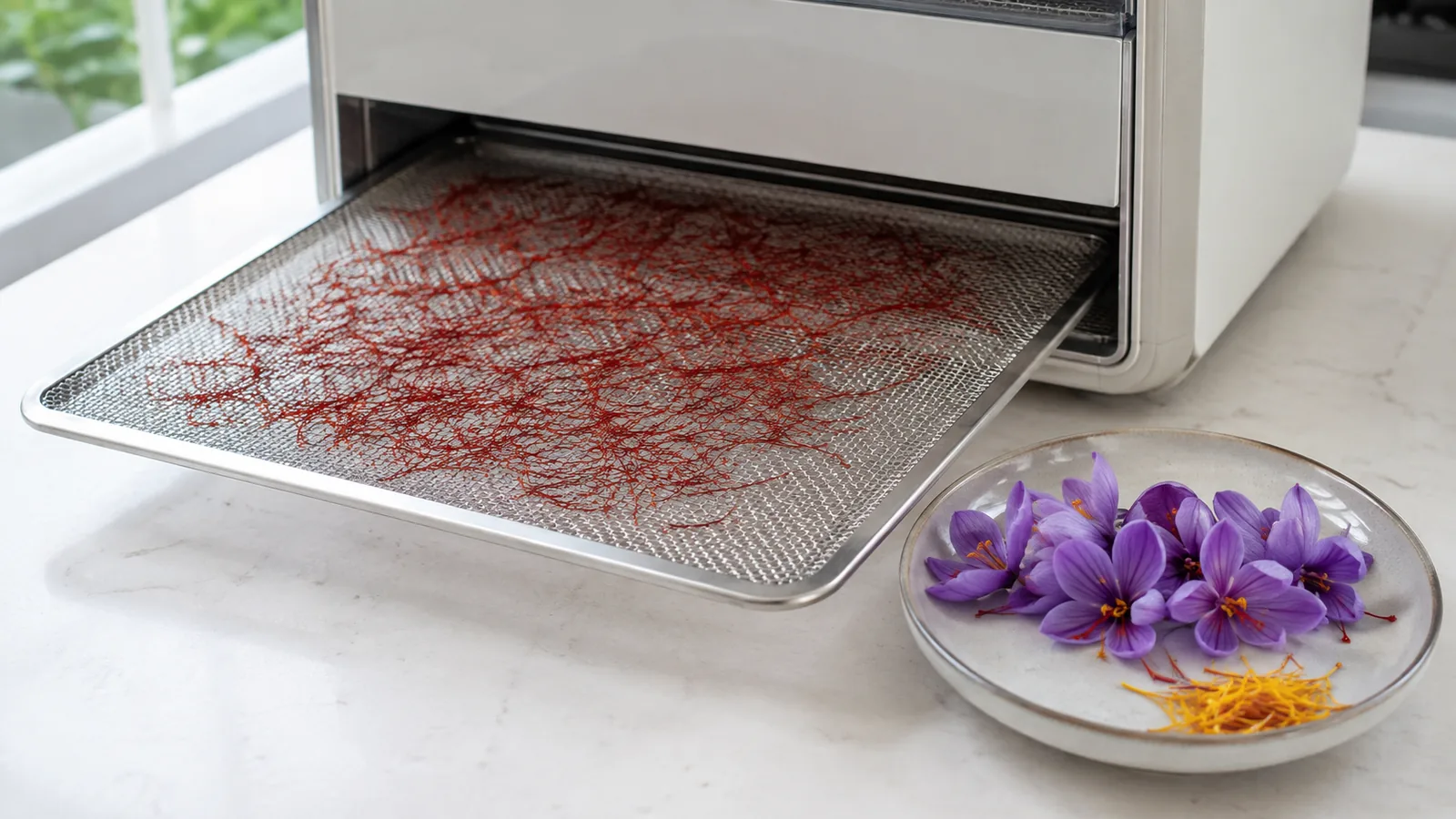 Small saffron harvest drying in one layer on a mesh tray
