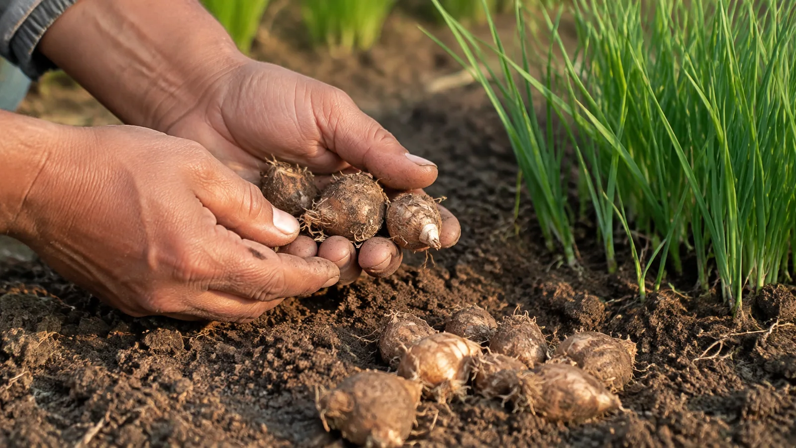 Grower inspecting healthy saffron corms in well-drained soil