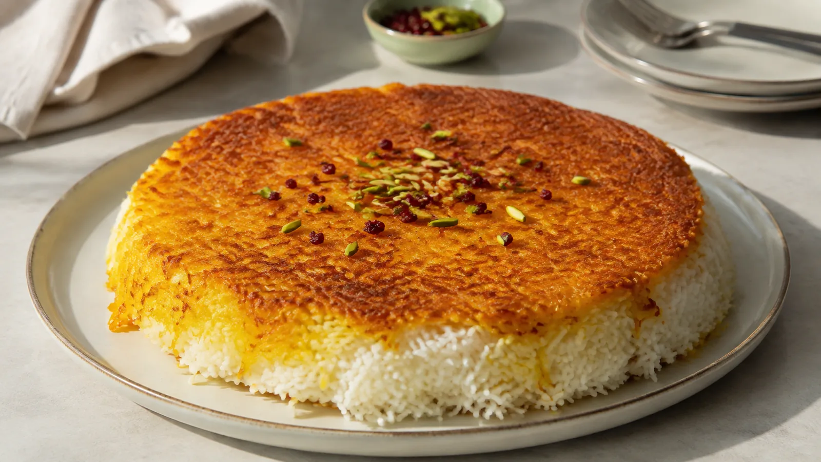 Golden Persian saffron tahdig with crisp rice crust