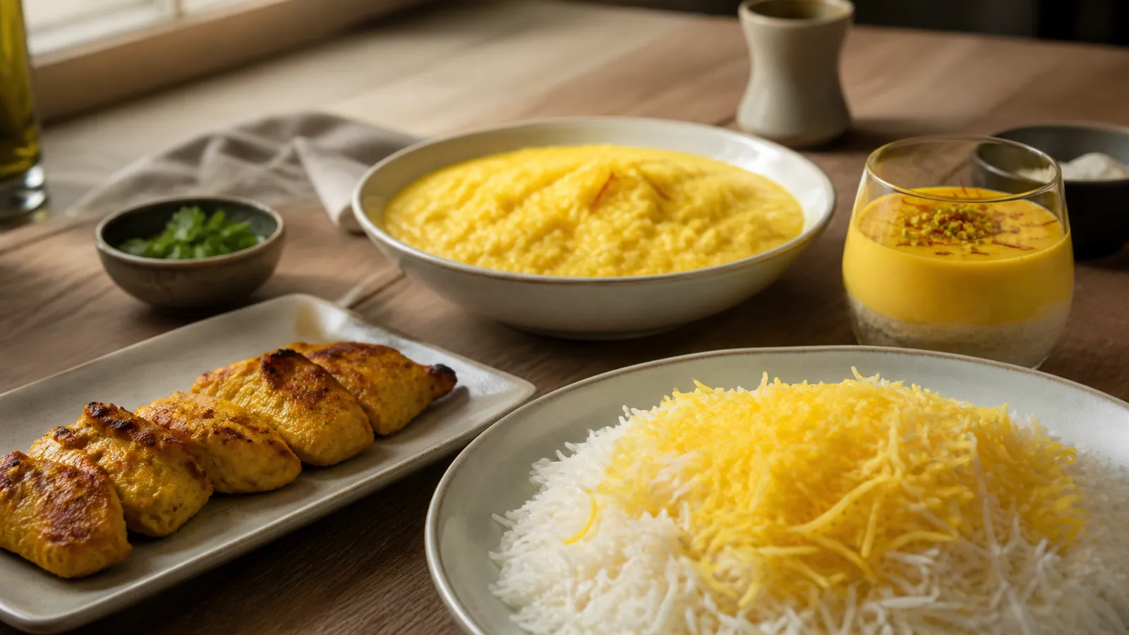 Persian saffron rice, chicken, risotto and dessert dishes