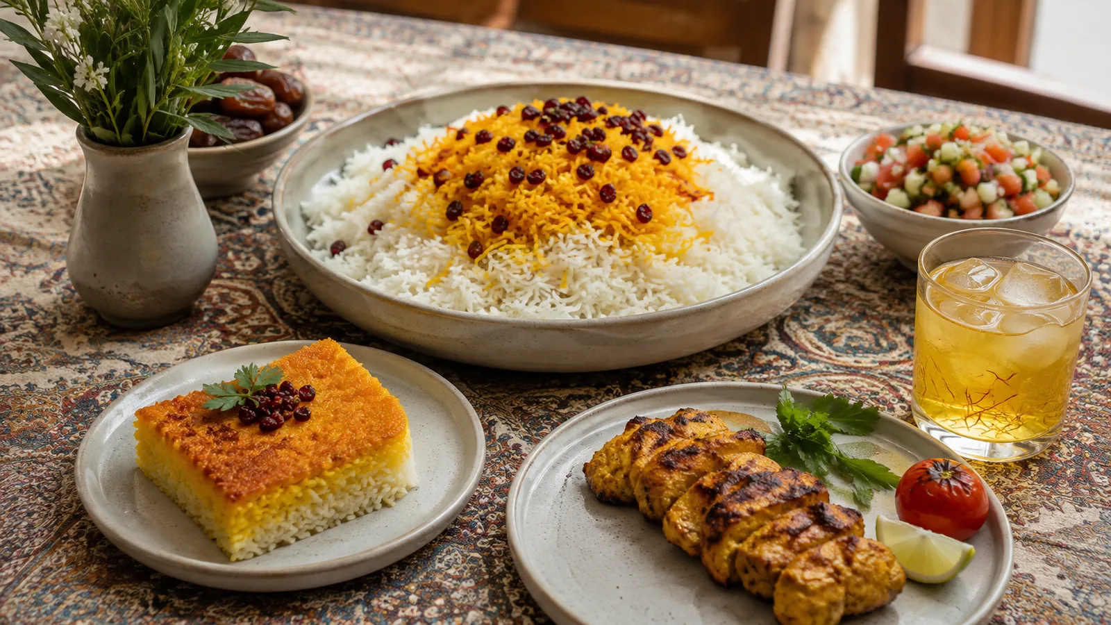 Iranian saffron dishes with rice, tahchin, chicken kebab and sharbat