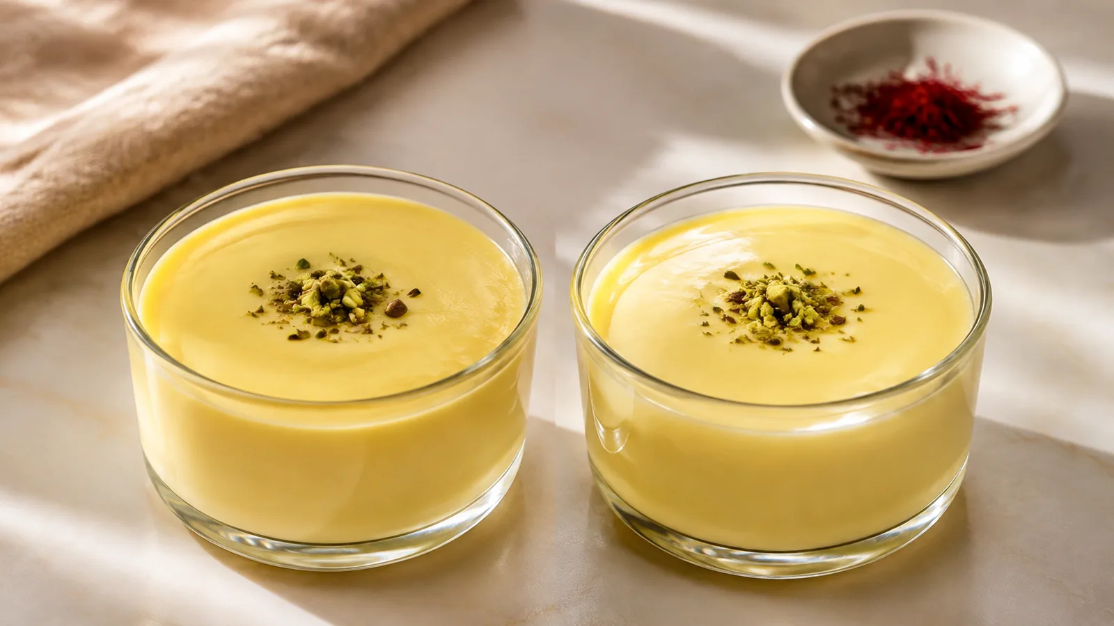 Two smooth saffron puddings made with rice flour and cornstarch