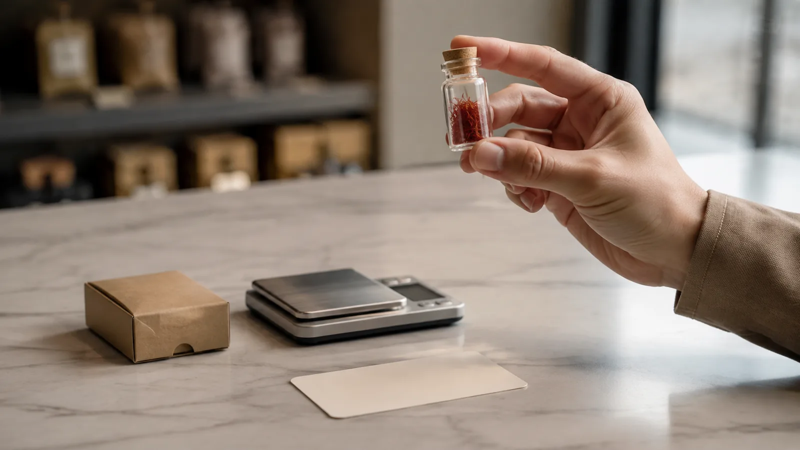Buyer inspecting a small vial of whole saffron threads