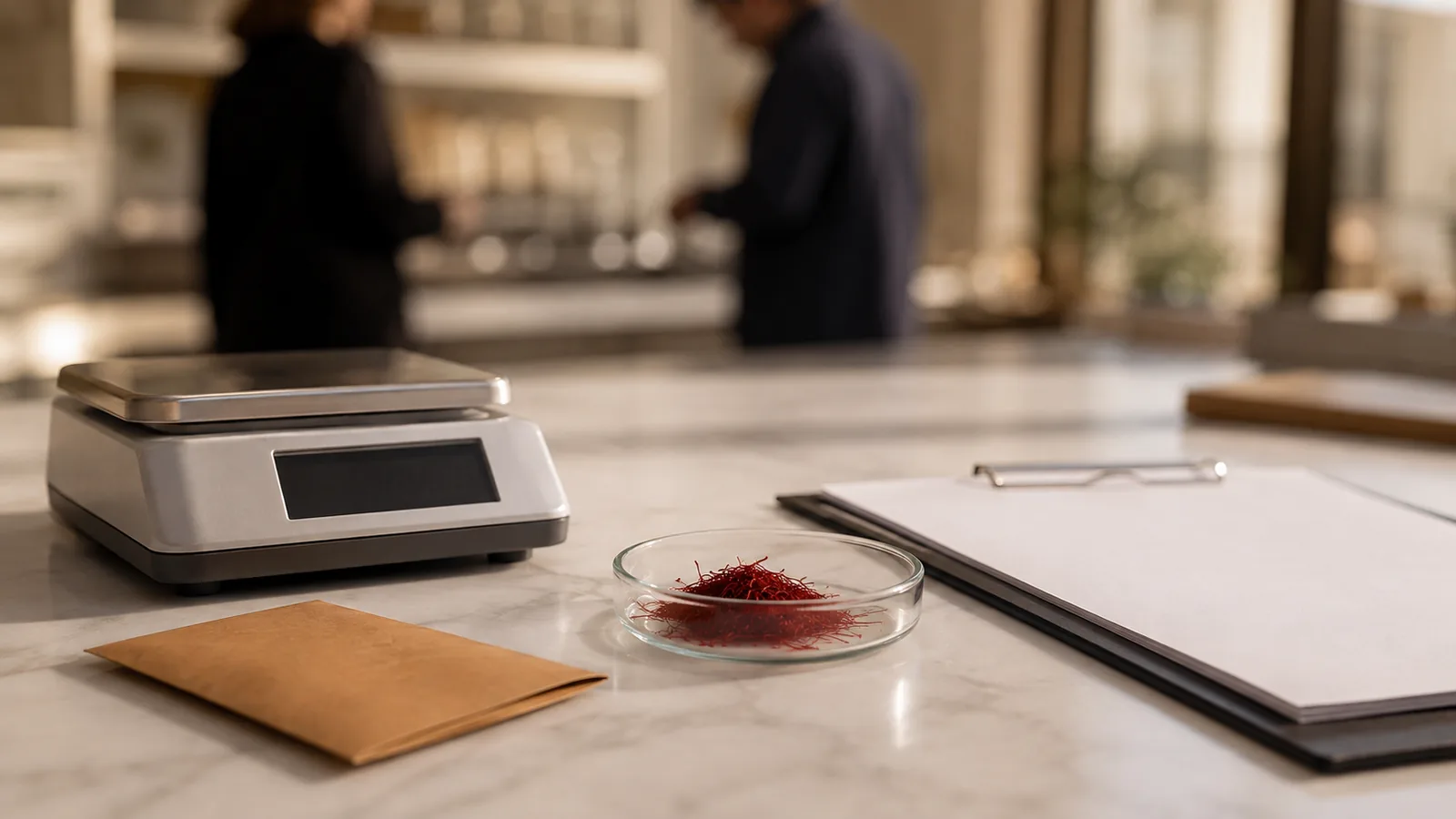 Saffron sample beside a laboratory scale and blank trade documents