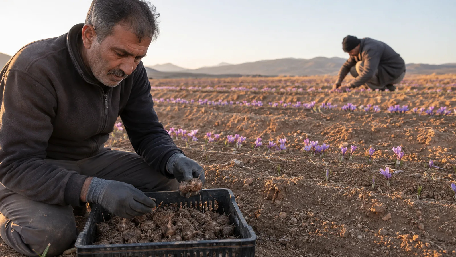 Farmers inspecting saffron corms in a North Khorasan field