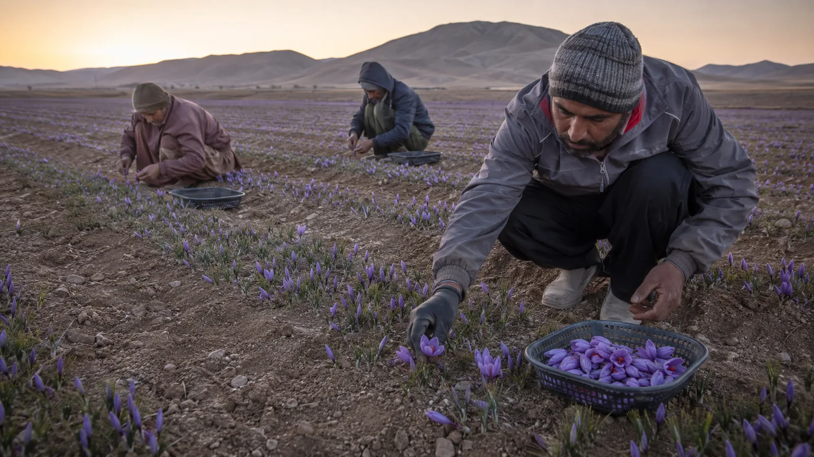 Workers hand-picking saffron flowers in North Khorasan at dawn