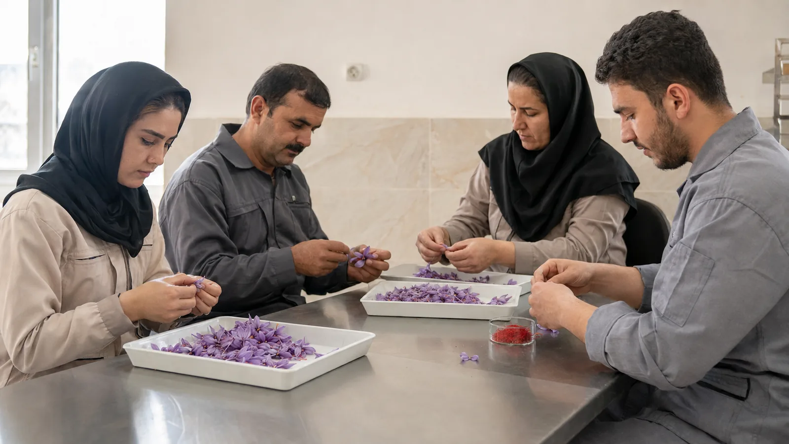 Workers separating saffron stigmas in a clean North Khorasan workspace
