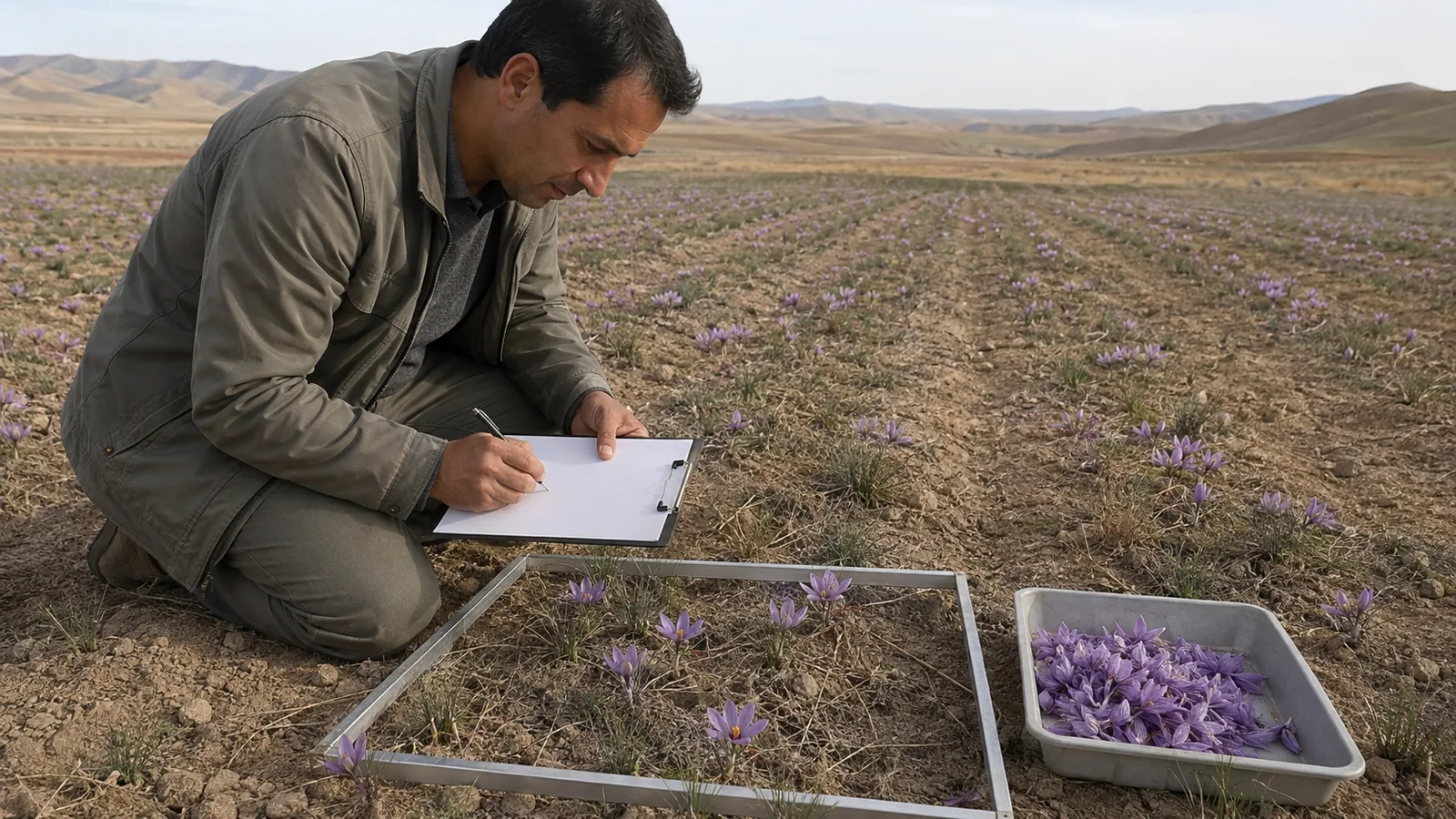 Agronomist measuring flower density in a North Khorasan saffron field