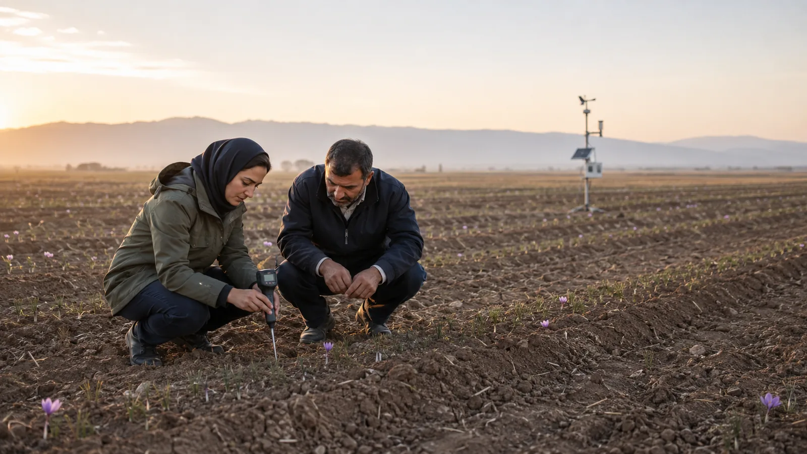 Agronomist inspecting saffron production conditions in Khorasan Razavi