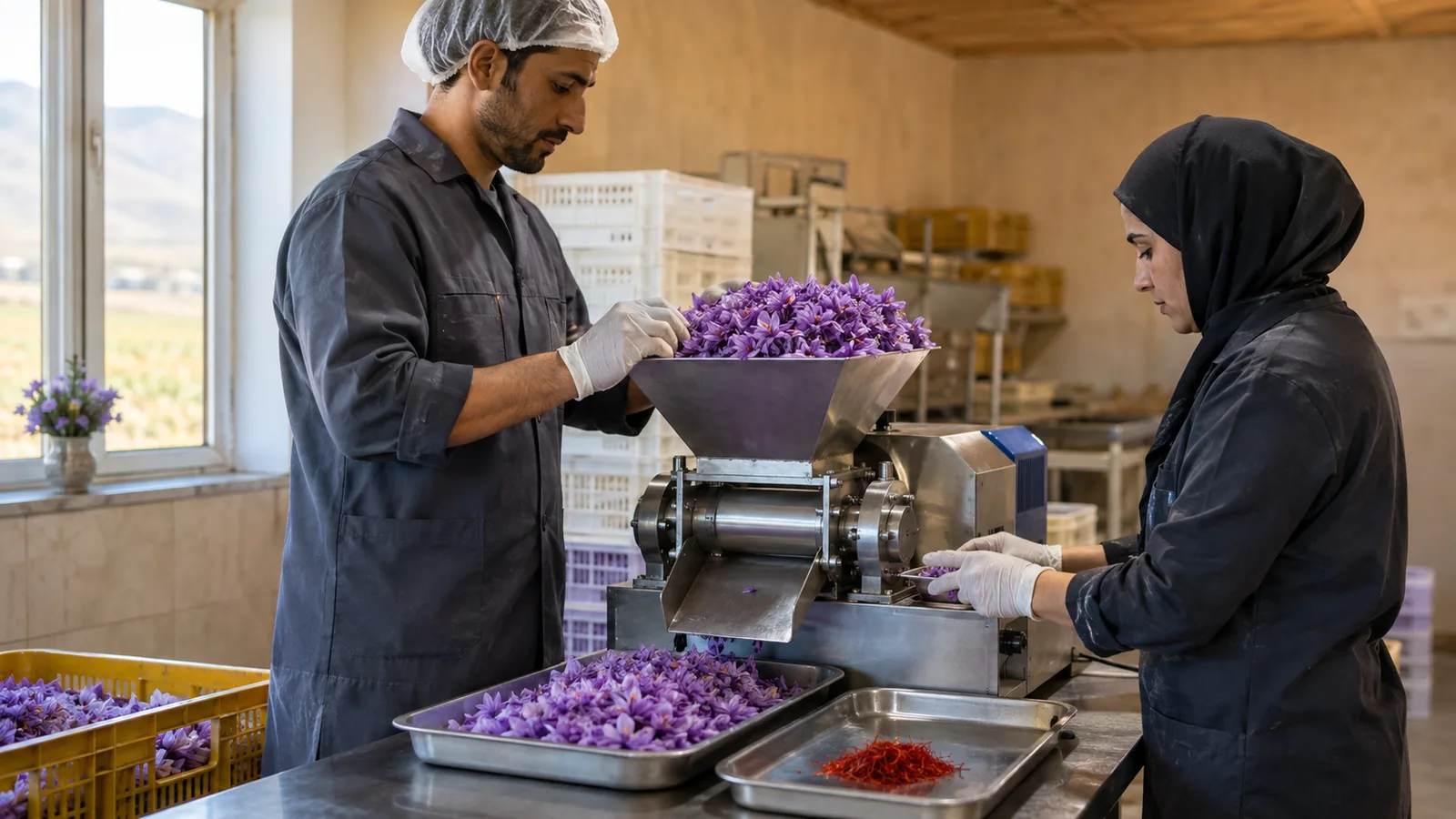 Operators using a saffron flower processing machine in a clean workshop