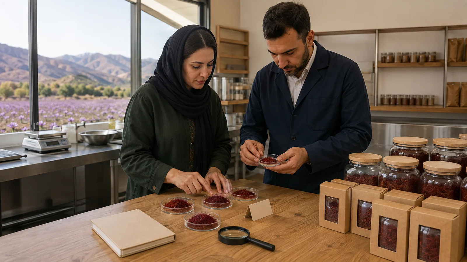 Kermanshah saffron producers reviewing traceable lots and packaging