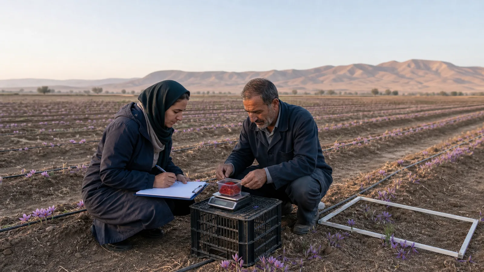 Grower and agronomist measuring saffron yield in Torbat Heydarieh