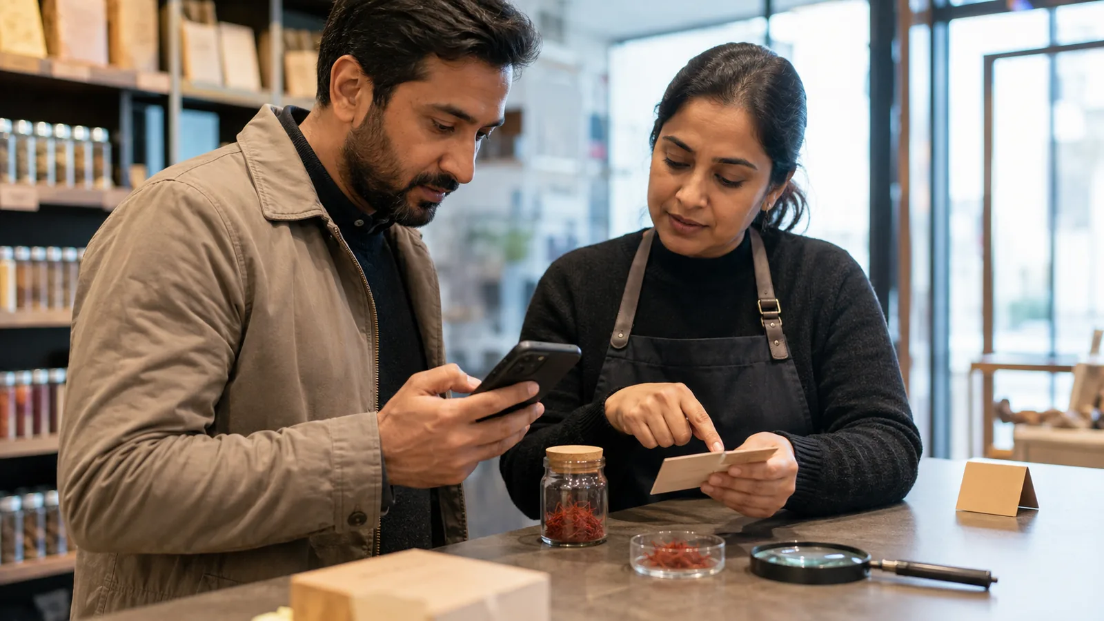 Customer verifying certification details for a sealed jar of saffron