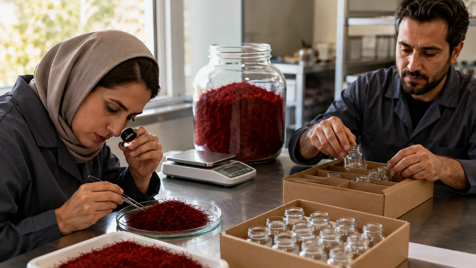 Iranian saffron specialists inspecting bulk threads and retail packaging