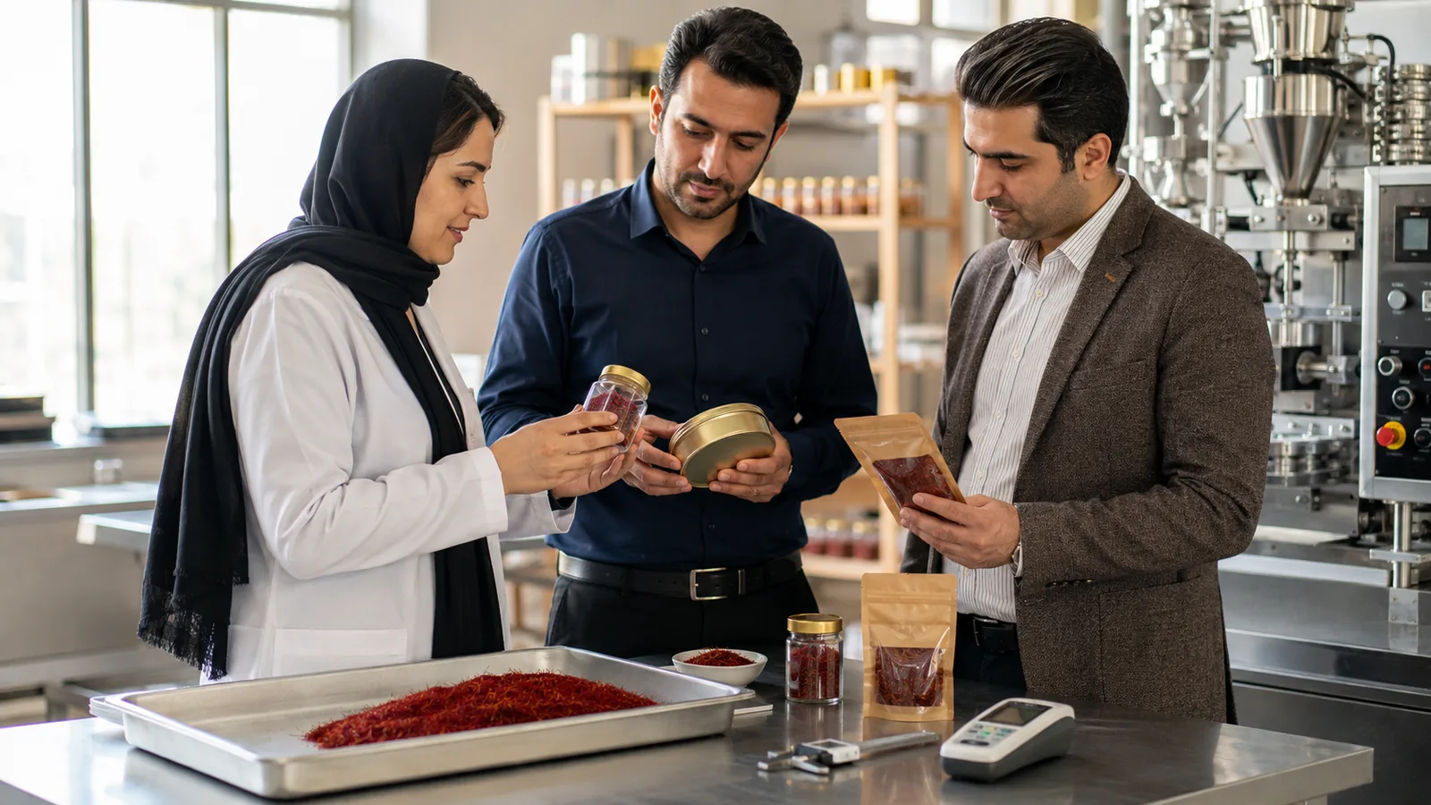 Iranian team comparing saffron export packaging in a modern facility