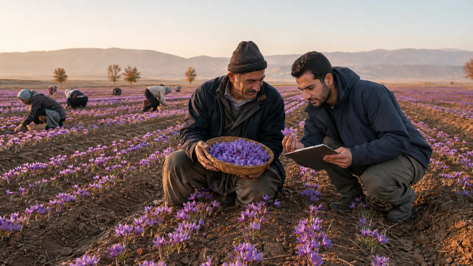 Iranian grower and field specialist reviewing the 2024 saffron harvest