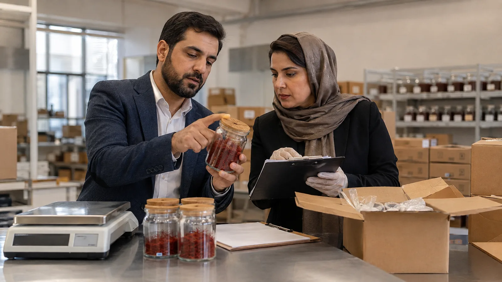 Iranian saffron exporter and compliance specialist reviewing a documented shipment